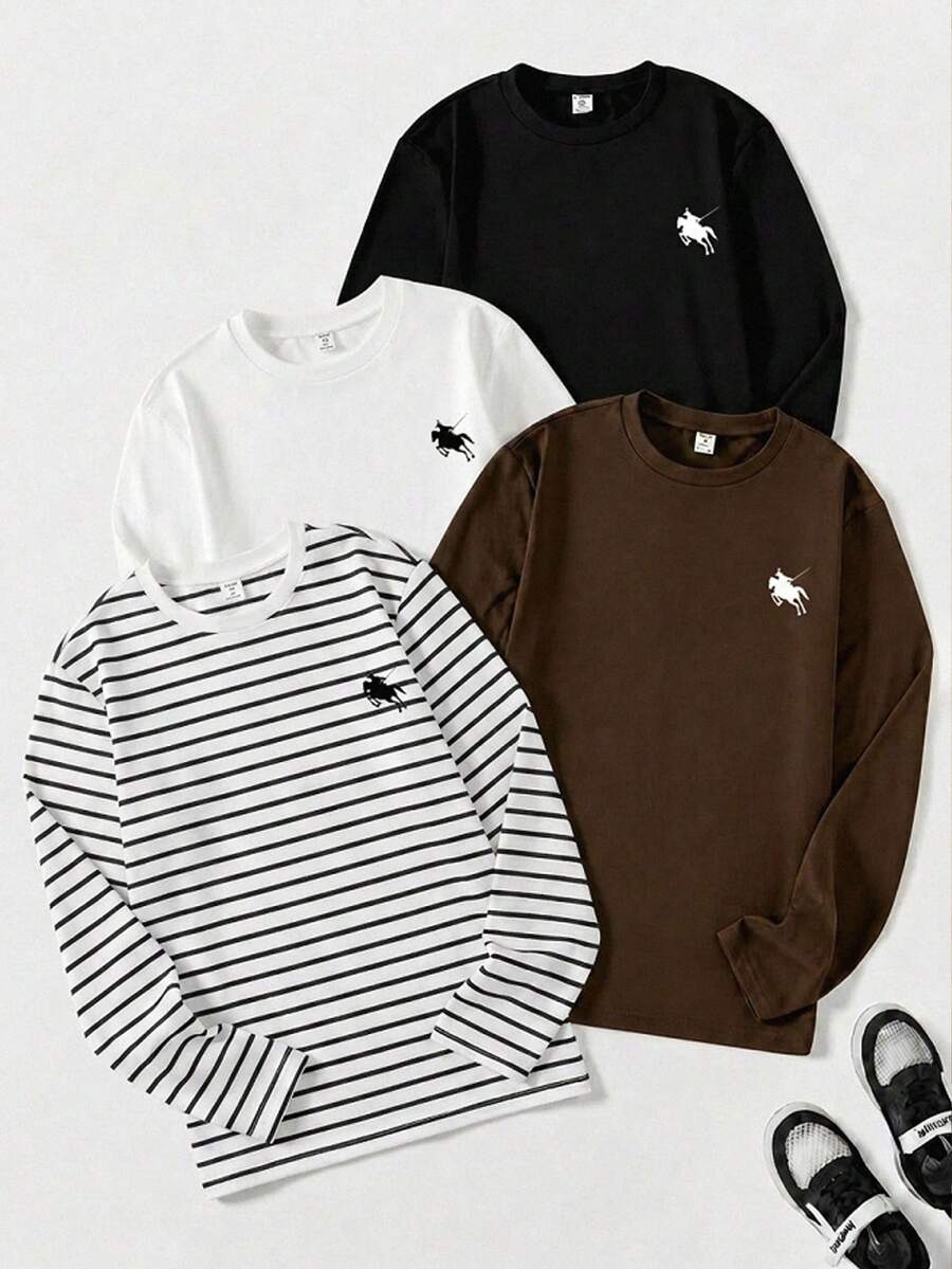 4 pièces/paquet T-shirts à manches longues col ras-du-cou rayés multicolores basiques minimalistes décontractés pour garçons adolescents, convient pour le port seul en automne et la superposition en hiver sous des vêtements d'extérieur ou des gilets - Multicolore - Voir 1