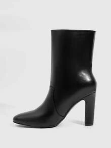 Daringsoles 女款通勤職場百搭仿皮短靴，黑色仿皮百褶中筒靴，圓頭粗跟短靴 - 黑色 - 查看 4