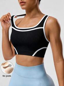 SHEIN Sports Women's Piped Trim Daily Fitness Cropped Sports Tank Top - Black - View 4
