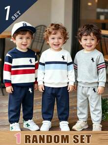 (Patrón Aleatorio, 1 Set Aleatorio) Sudadera y Pantalón de Chándal para Niños Pequeños con Gráfico de Pony Jinete en el Pecho, Cuello Redondo, Estilo Casual Minimalista Fresco y Rayas Coloridas - Multicolor - Ver 1