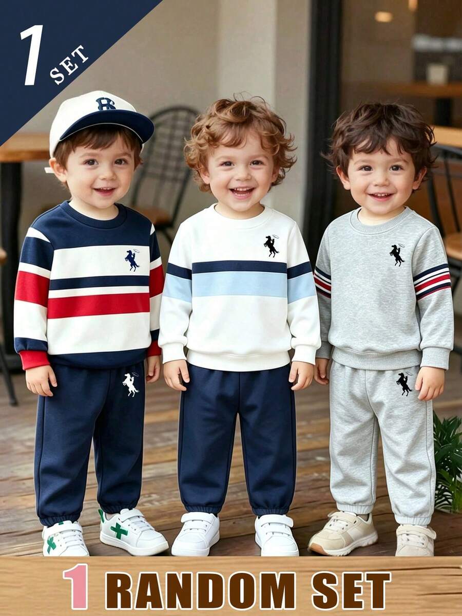 (Patrón Aleatorio, 1 Set Aleatorio) Sudadera y Pantalón de Chándal para Niños Pequeños con Gráfico de Pony Jinete en el Pecho, Cuello Redondo, Estilo Casual Minimalista Fresco y Rayas Coloridas - Multicolor - Ver 1
