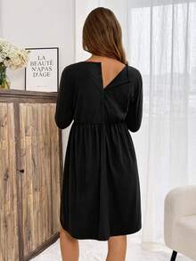 Slowluna Maternity Solid Color Long Sleeve Maternity Dress - Black - View 2