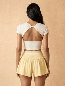 Silquee Workout Women Tops Casual Solid Color Cropped Sports T-Shirt, Summer Bustier Crop Sports Tee - White - View 2