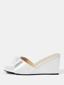 CUCCOO HITCHD White Satin Three-Dimensional Flower Square Toe Slope Heel Sandals Women's Summer Wear With Temperament Open-Toed Slippers - White - View 2