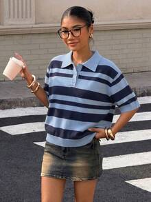 Muchica 休閒極簡藍色與棕色拼接條紋 Polo 領女款短袖針織上衣，春季度假女款外出上衣，可愛學院風短袖條紋上衣 - 彩色 - 查看 3