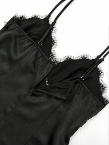 Eryvara Women's Summer Asymmetric Hollow Out Contrast Satin Lace V-Neck Camisole, Suitable For Chic Outfit For A Dinner Vacation, Daily, Home, Date Wear - Black - View 11