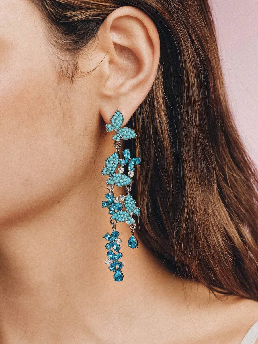 Popjeli A Summer Mori Small Fresh Butterfly Fringed Earrings. - Blue - View 1