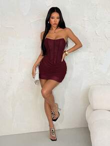 SHEIN PETITE Women's Standard Size Bandeau Lace Ruffle Sexy Dress - Burgundy - View 4