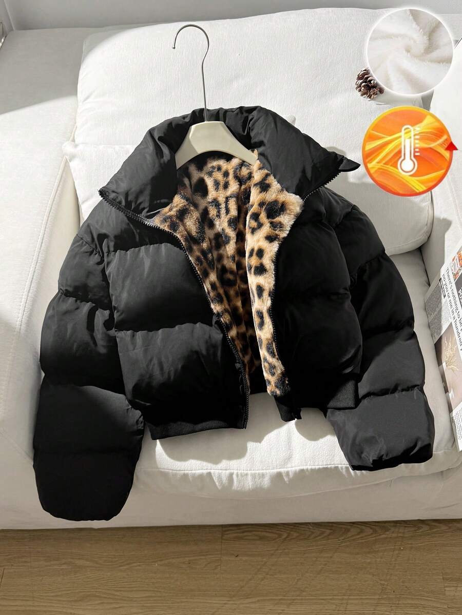 SHEIN معطف مبطن بياقة قائمة بطول قصير فضفاض مريح بتصميم بسيط للفتيات المراهقات باللون الأسود للمنزل والمدرسة - الأسود - مشاهدة 1