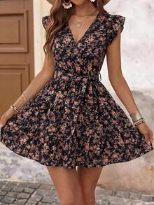 Brillora Summer Beach Vacation Paisley Print Ruffle Trim Belted Nashville Short Dress Black And Orange Boho Cute - Black - View 5