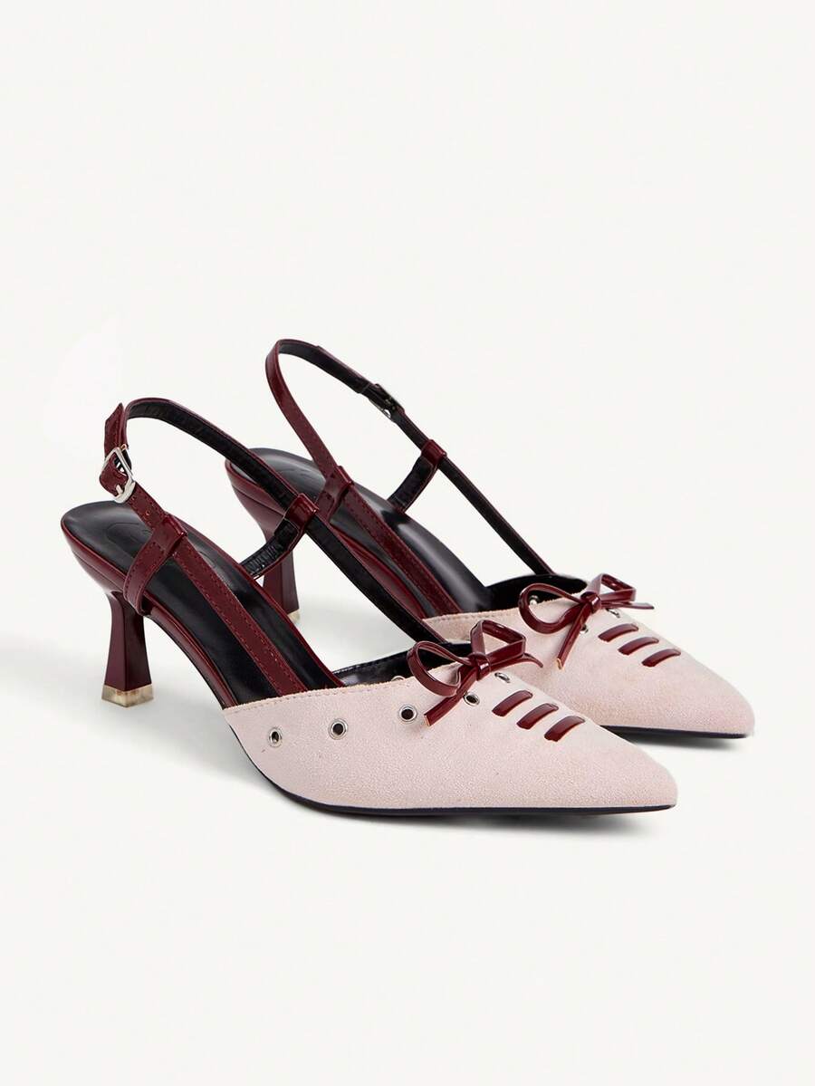 CUCCOO CHICEST Elegant Pink Color Matching Bow Pointed Back Air Heel Sandals Women's Commuting Versatile Low Vamp Shoes Fall Shoes - Pink - View 1