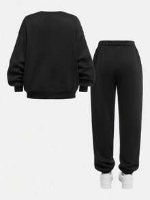 SHEIN 2 件套青少年女孩休闲花卉图案圆领厚运动衫和裤子套装，适合秋冬季 - 黑色 - 查看 4