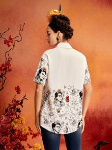 Glamance Frida Kahlo X SHEIN Women's Floral Print Casual Versatile Everyday Outing Blouse - White - View 2
