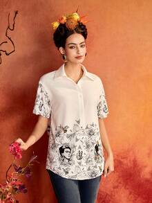 Glamance Frida Kahlo X SHEIN Women's Floral Print Casual Versatile Everyday Outing Blouse - White - View 7