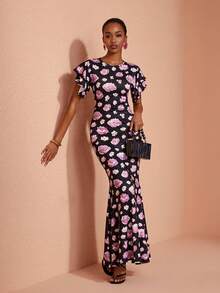 JIAN LASALA Knit Round Neckline Double Short Ruffle Layers Sleeves Long Dress Elegant Romantic Vacation Casual Black Floral Summer - Multicolor - View 5