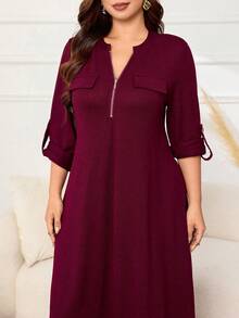 Lacomfia Women's Front Zipper Long Sleeve Loose Comfortable Casual Home Wear Elegant Solid Color Spring Autumn Plus Size Dress - Burgundy - View 7