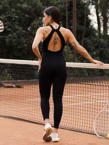 Maju Mazalli 2pcs Solid Color Backless Halter Neck Fitted Jumpsuit Sports Summer - Multicolor - View 2