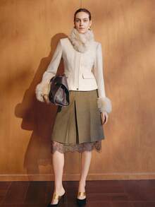 MOTF PREMIUM DETACHABLE FURRY COLLAR & CUFFS CINCHED WAIST 3D CUT WOOL OVERCOAT - Apricot - View 3