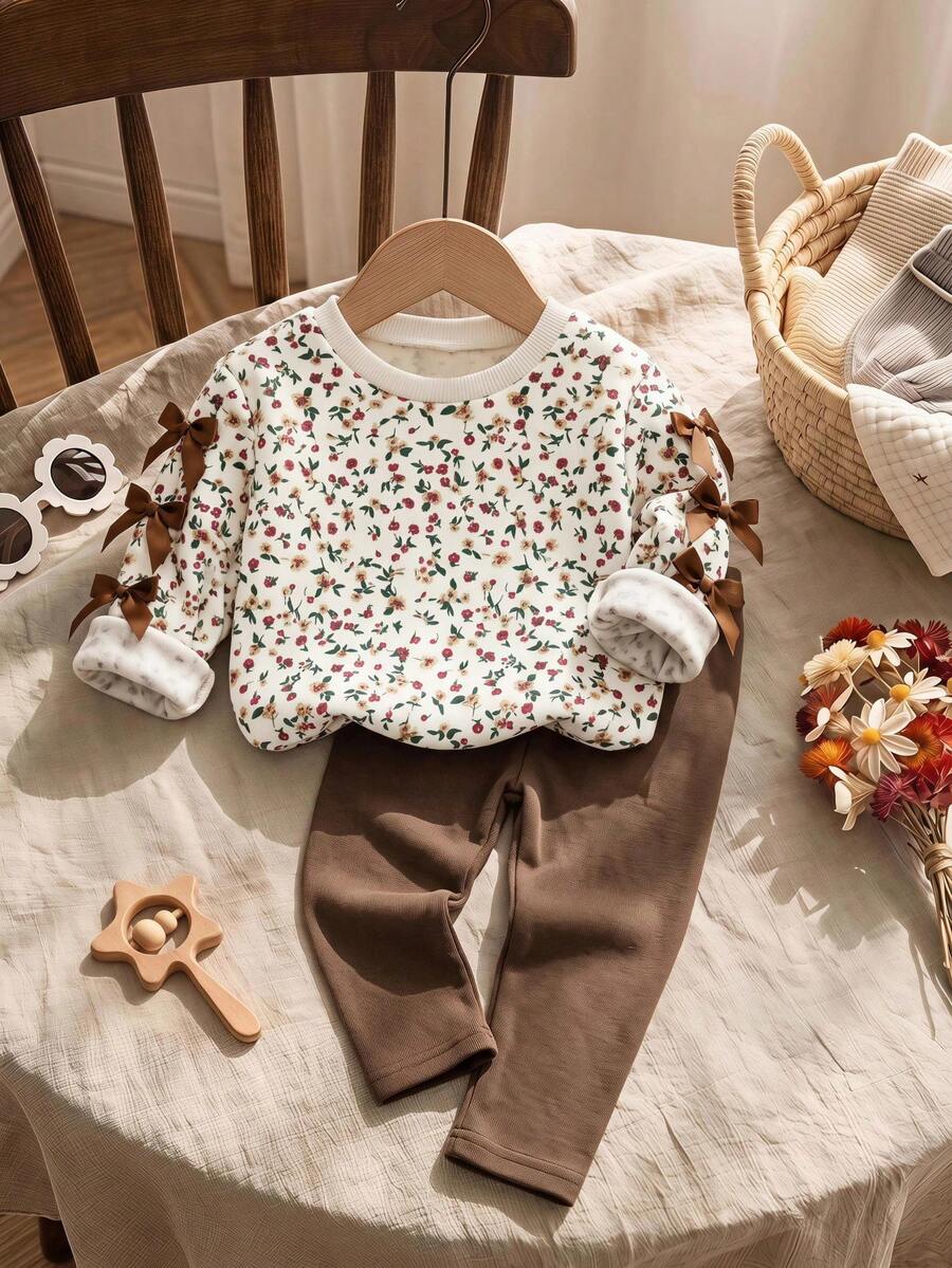 SHEIN Baby Girl Floral Bow Long Sleeve Sweatshirt & Elastic Waist Long Pants Set - Brown - View 1