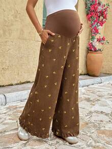 Lyckli Maternity Vacation Embroidered Adjustable Waistband Pocket Loose Pants Fall - Brown - View 9