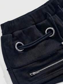 ROMWE Grunge Punk Y2K Retro Distressed Metallic Grommet Lace-Up Super Low Rise Mini Shorts - Dark Grey - View 3