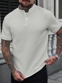 Manfinity CasualCool 男士立領 Polo 衫，針織提花布料，休閒日常穿著，時尚百搭風格 - 灰色 - 查看 5
