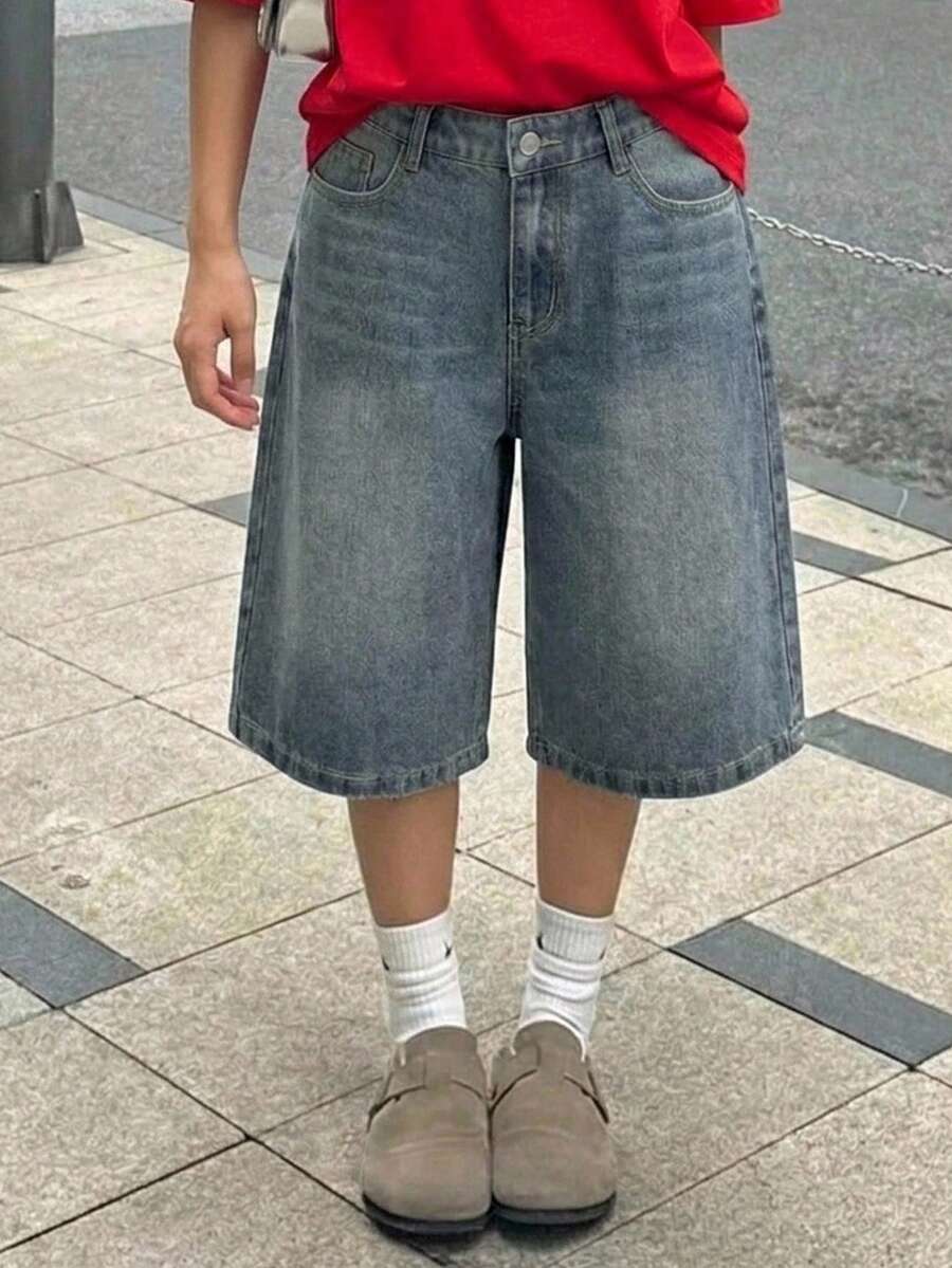 SHEIN Short bermuda en jean ample pour adolescente, style Y2K rétro délavé, avec poches, bohème, Halloween et école, noir - Bleu azur - Voir 1