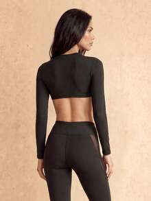 Silquee 1 Peça Top Super Cropped Ajustado de Manga Longa Sólido Esportivo - Preto - Visão 2