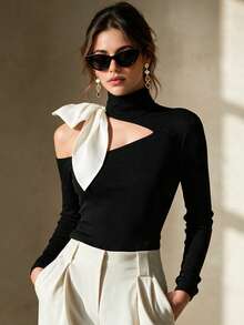 Balvessa Women's Half-High Neck One-Shoulder Asymmetrical Cut-Out Off-Shoulder Top With White Contrast Ribbon Bow Decor, Long Sleeve, Cinched Waist - Black and White - View 4