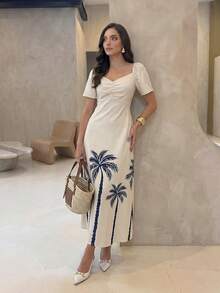 Rue Lumi Women's Casual Digital Coconut Tree Print V-Neck A-Line Long Dress - Apricot - View 6