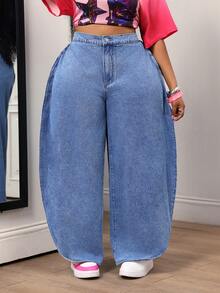 Slaydiva Plus Size Women's High Waist Loose Casual Versatile Denim Wide Leg Pants - Black - View 5