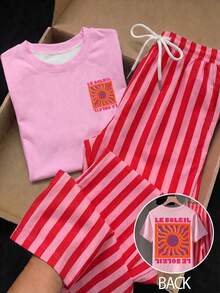 Comfortcana 2件組休閒圓領短袖上衣與條紋印花長褲，度假夏季服飾，街頭風，適合日常通勤、約會、派對、秋冬/夏季、婚禮、海灘、畢業典禮，優雅休閒外出穿搭，Y2K音樂祭套裝，假日海灘度假套裝 - 彩色 - 查看 5