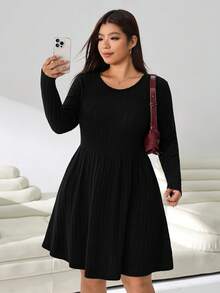 Solflare Plus Size Casual Versatile Solid Color Dress Fall - Black - View 4