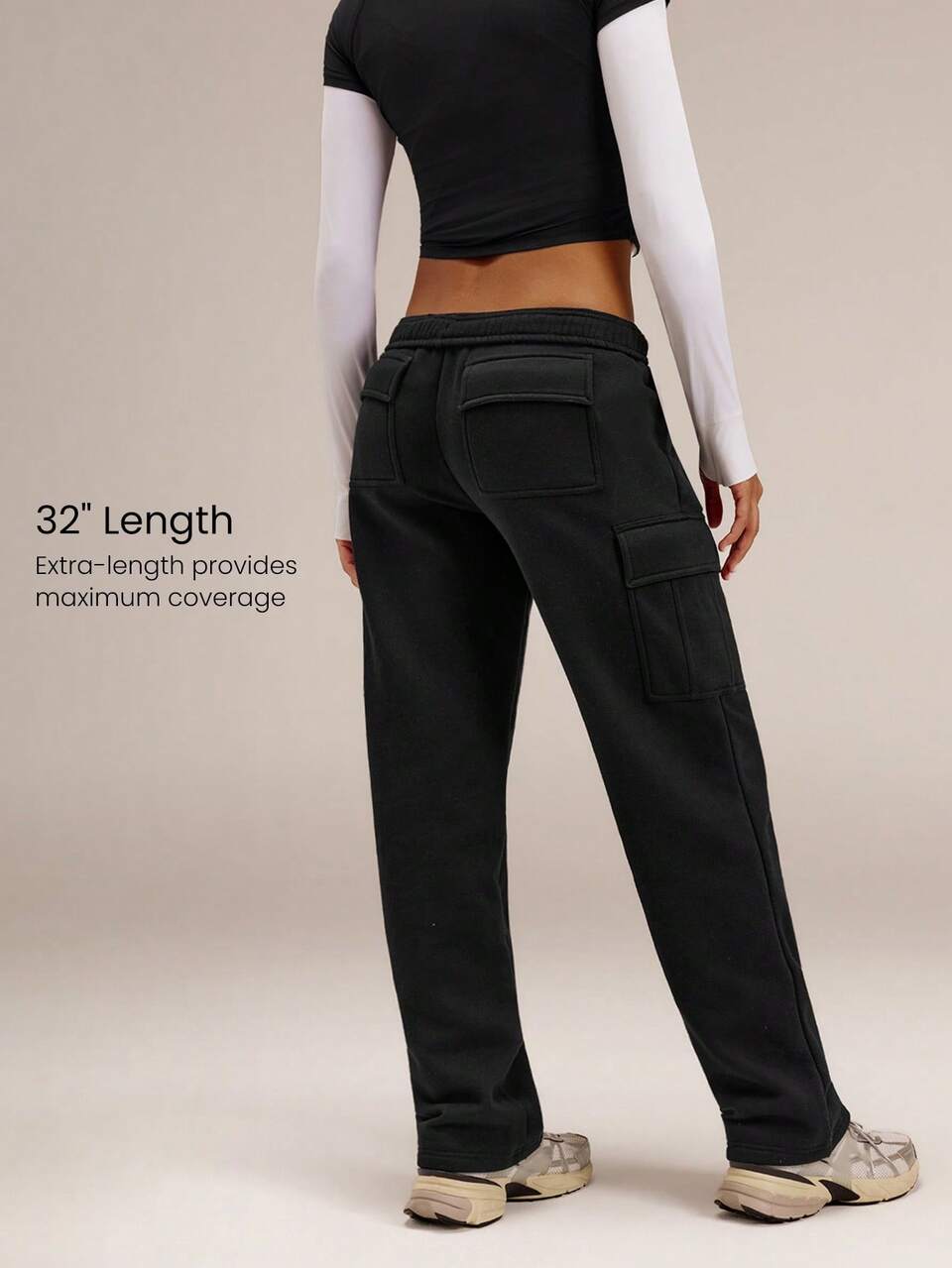 32" Tall Everyday Fleece Cozy Comfort Wide-Leg Cargo Pants With Adjustable Drawstring Waist & Multi-Pocket Design Daily Casual