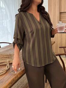 Weeklong Conjunto de 2 piezas para mujer talla grande con blusa de cuello con muesca y botones, estampado floral y Bottom de unicolor en contraste, estampado aleatorio - Multicolor - Ver 7