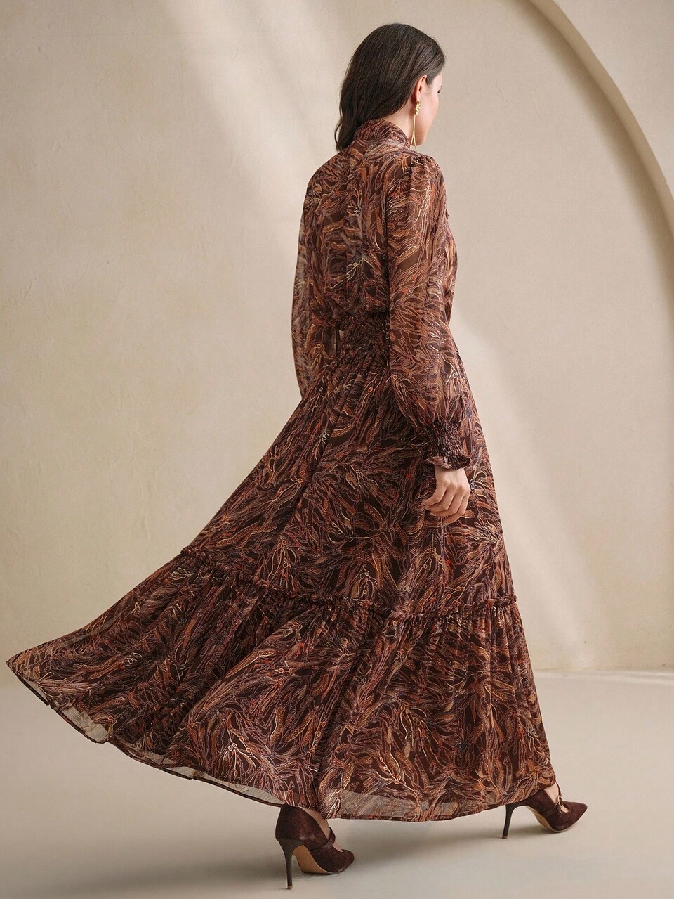 Anewsta Elegant & Slimming Cinched Waist Floral Print Long Dress For Women