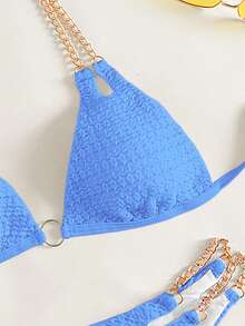 Swim Basics 2026 Spring/Summer 2-Piece Women's Blue Chain Strap Halter Sexy Sweet New Beach Vacation Bikini Swimsuit - Blue - View 5