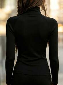 SHEIN Autumn/Winter New Black Semi-High Neck Half-Button Front Wooden Button Raglan Sleeve Slim Fit Base Layer Top, Casual Elegant Minimalist Commuter Style Suitable For Daily Wear, Dating, Travel And Office - Black - View 2