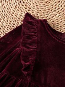 Young Girl Young Girl Solid Color Soft Knit Round Neck Ruffle Long Sleeve Waist-Cinching Dress - Burgundy - View 4