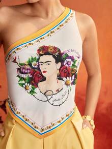 Glamance Frida Kahlo X SHEIN Apricot Yellow Portrait Floral Pattern Top Vest, Elegant Mature Casual Sexy, Suitable For Outings, Work, Office, Daily Wear, Gatherings, Parties, Birthdays, Vacations, Middle East Travel, Beach, Swimwear, Bohemian Style, Summer - Apricot - View 5
