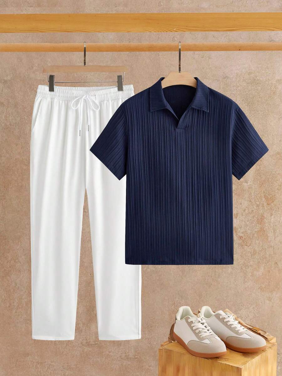 HIMLAND Men's Short Sleeve Shirt And Waist Tie Long Pants Casual Set, Linen - Multicolor - View 1