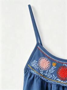 SHEIN LUNE CURVE 大尺碼女款花卉印花休閒細肩帶背心上衣，度假穿搭 - 藍色 - 查看 6