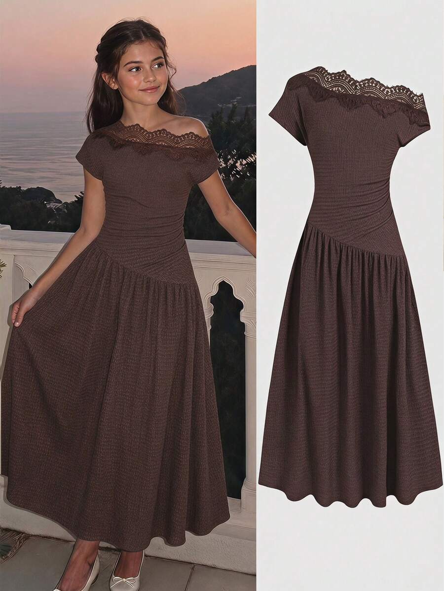 SHEIN 少女水手領撞色大翻領蝴蝶結長洋裝 返校季校服 - 粉色 - 查看 1