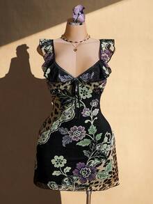 SHEIN ICON Women's Plus Size Floral Print Patchwork Ruffle Hem Front Tie Dress For Vacation - Multicolor - View 3