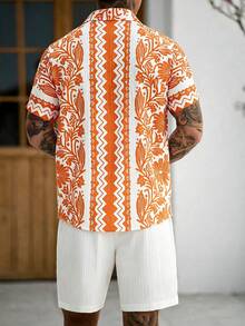 Manfinity Homme Plus Size Men's Vacation Floral Print Single-Breasted Shirt And Drawstring Waist Cargo Shorts Set - Multicolor - View 2