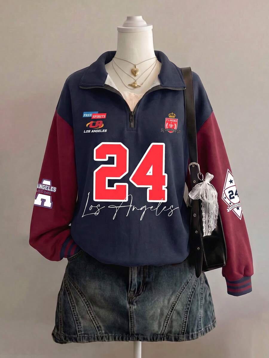 Attitoon 女款休閒拼色半拉鍊寬鬆運動衫,秋冬女裝,復古返校穿搭 - 彩色 - 查看 1