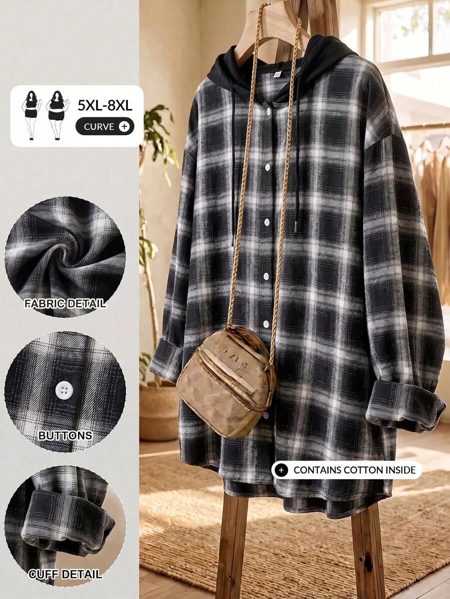 SHEIN CURVE+ 大尺碼連帽寬鬆襯衫 防曬 度假休閒 秋季款 - 黑與白 - 查看 1