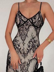 Firerie Women's Summer Elegant Sexy Lace Spaghetti Strap Dress - Black - View 7