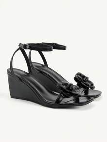 CUCCOO CHICEST Black Camellia Square Toe Wedge Heel Sandals Women's Summer Buckle Temperament Open-Toed High Heels - Black - View 1