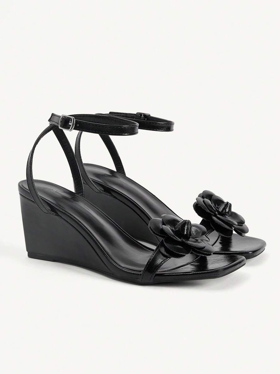 CUCCOO CHICEST Black Camellia Square Toe Wedge Heel Sandals Women's Summer Buckle Temperament Open-Toed High Heels - Black - View 1